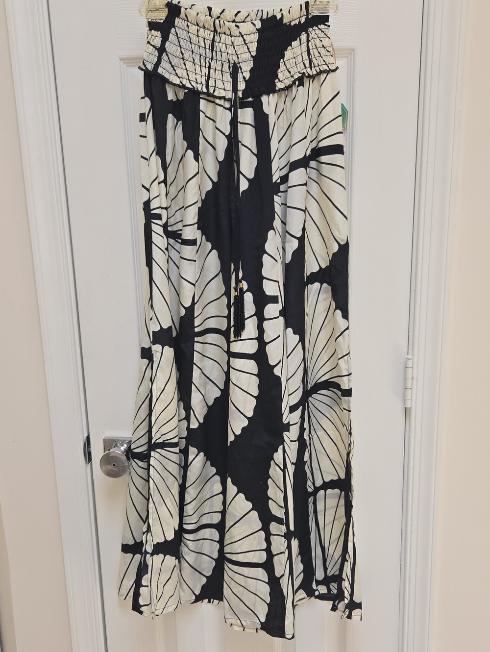 Black & Cream Wide-Leg Palazzo Pants with Smocked Waist